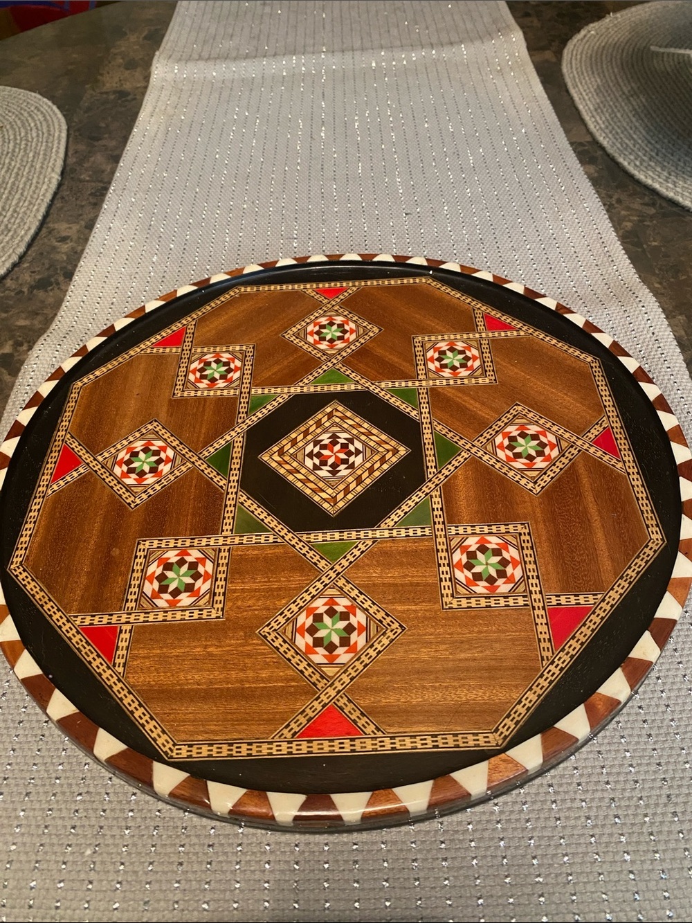 Handcrafted Brown Geometric Inlay Wood Serving Tray 13” Diameter